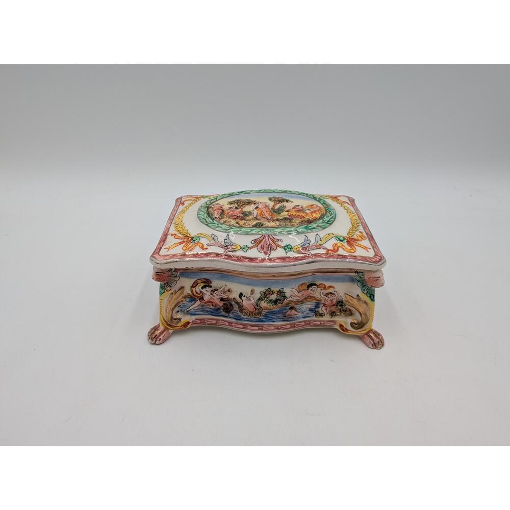 Italian Capodimonte Porcelain Relief Lidded Trinket Box Cherubs Dancing Women